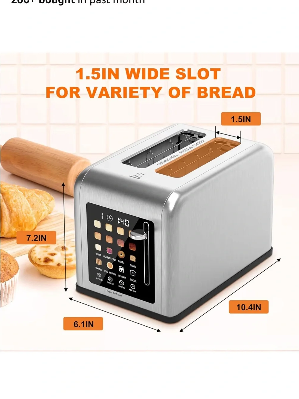 Brushed Stainless Steel 2-Slice Digital Toaster with Touch Controls